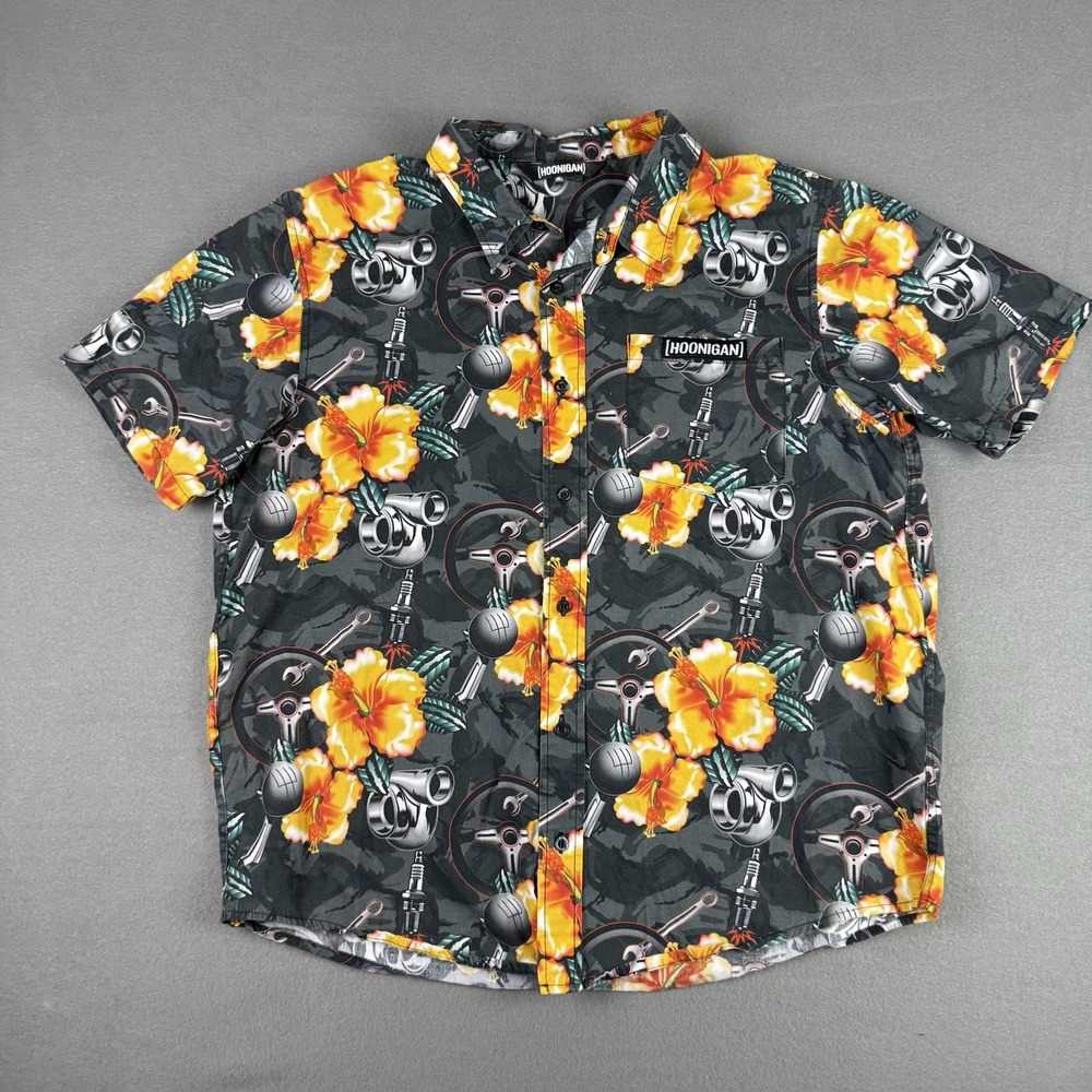 Hoonigan Hawaiian Shirt Mens XL Floral‎ Black Gray Orange Motorsports